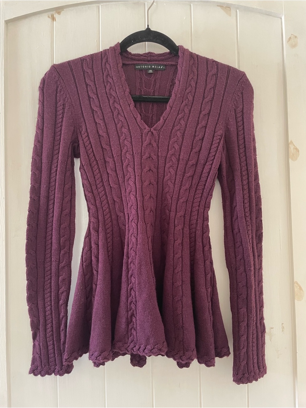 ANTONIO MELANI Cable-Knit V-Neck Long Sleeve Sweater Pullover in Plum size  XS